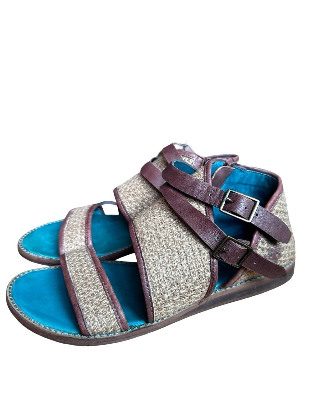 Roan by Bed Stu Leather Jute Sandals 9 Brown Tan Harlow Double Buckle Boho Chic
